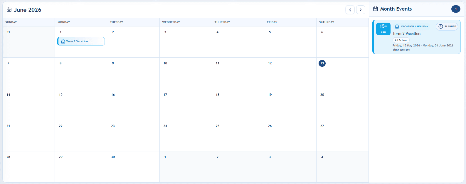 TIS academic calendar showing shared school events and monthly coordination